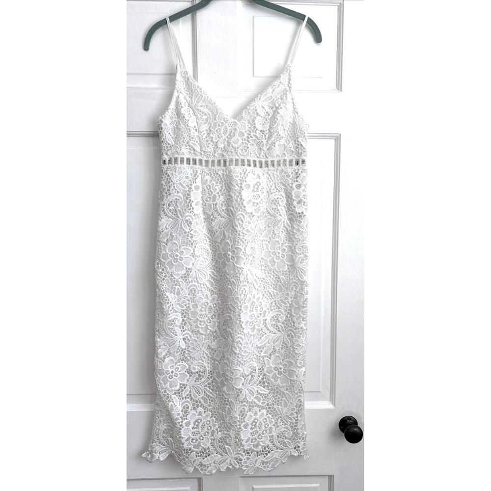 Forever 21‎ White Floral Lace Midi Dress V-Neck Spaghetti Strap Crochet Trim Med